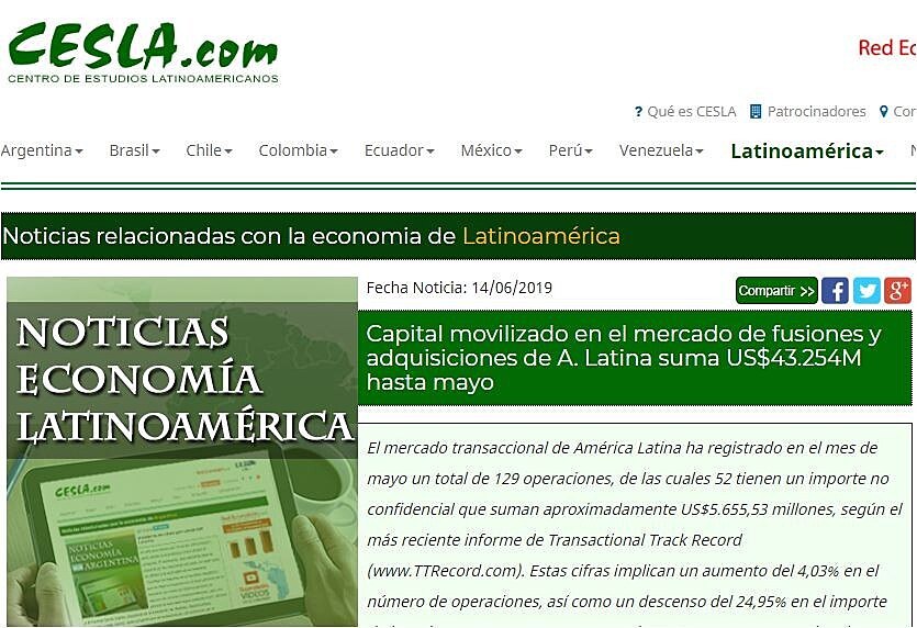 Capital movilizado en el mercado de fusiones y adquisiciones de A. Latina suma US$43.254M hasta mayo
